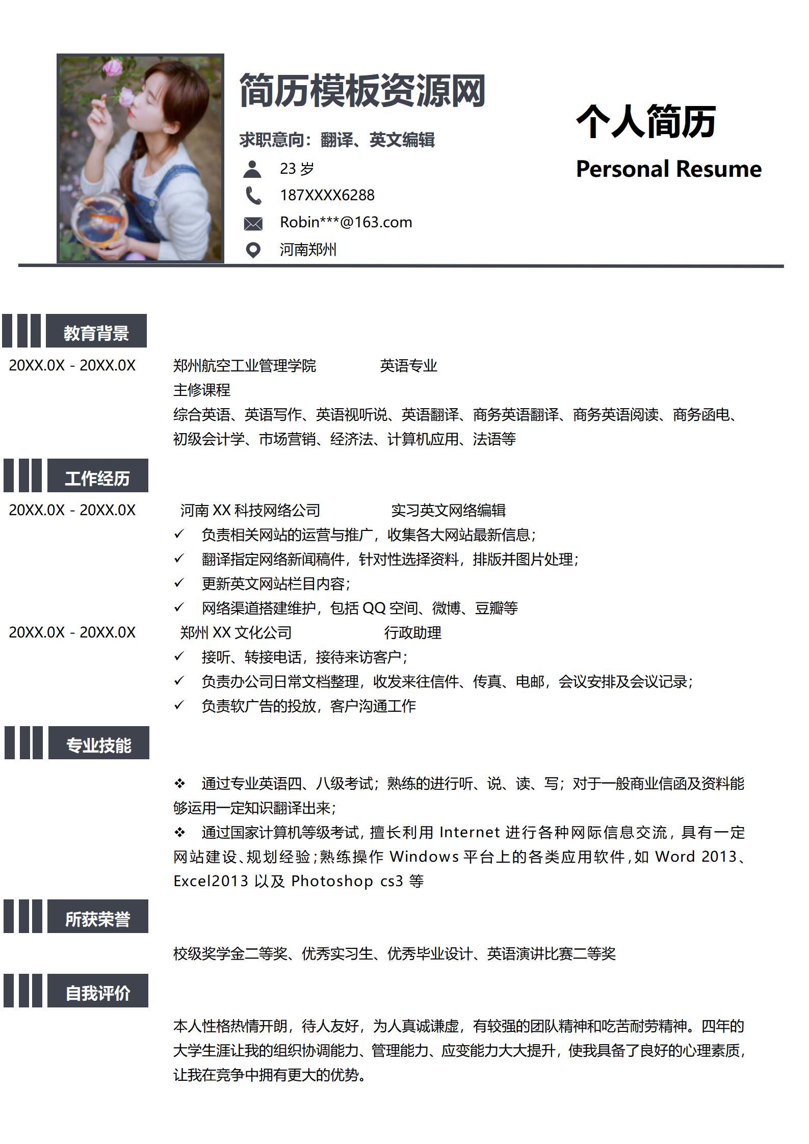 翻译英文编辑免费简历模板