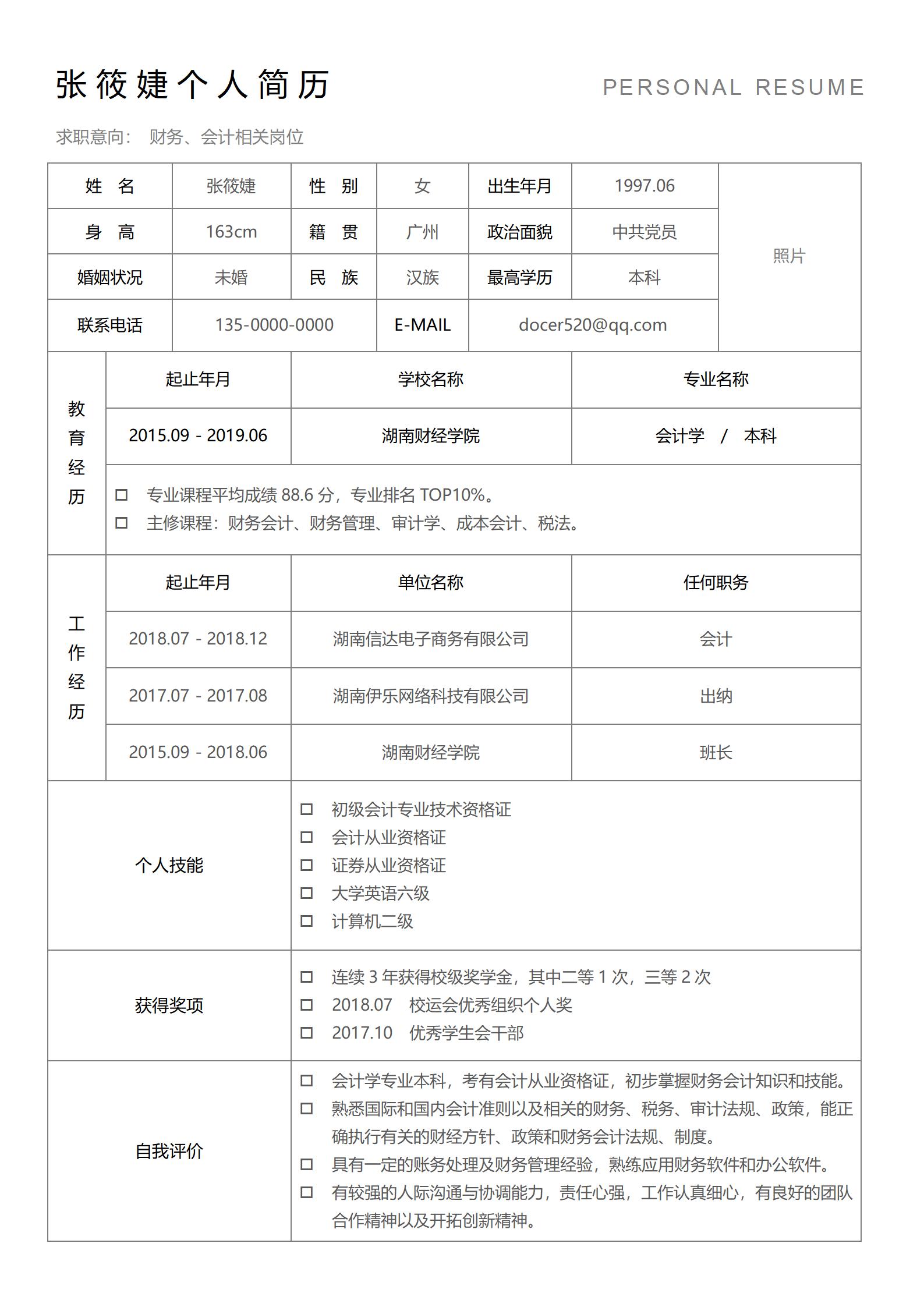 完整版职业简历表格
